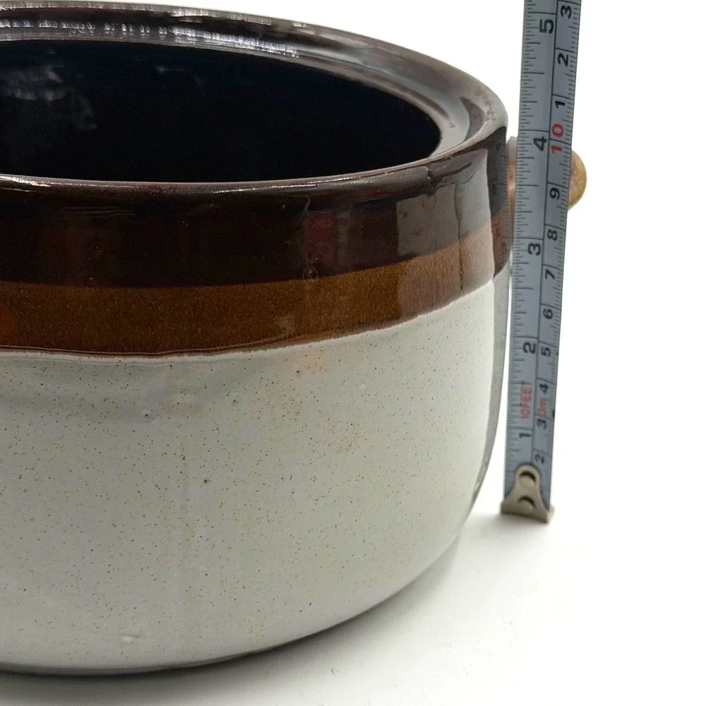 Vintage Two Tone Stoneware Bean Pot Brown Gray Glazed Ceramic Crock with Handles